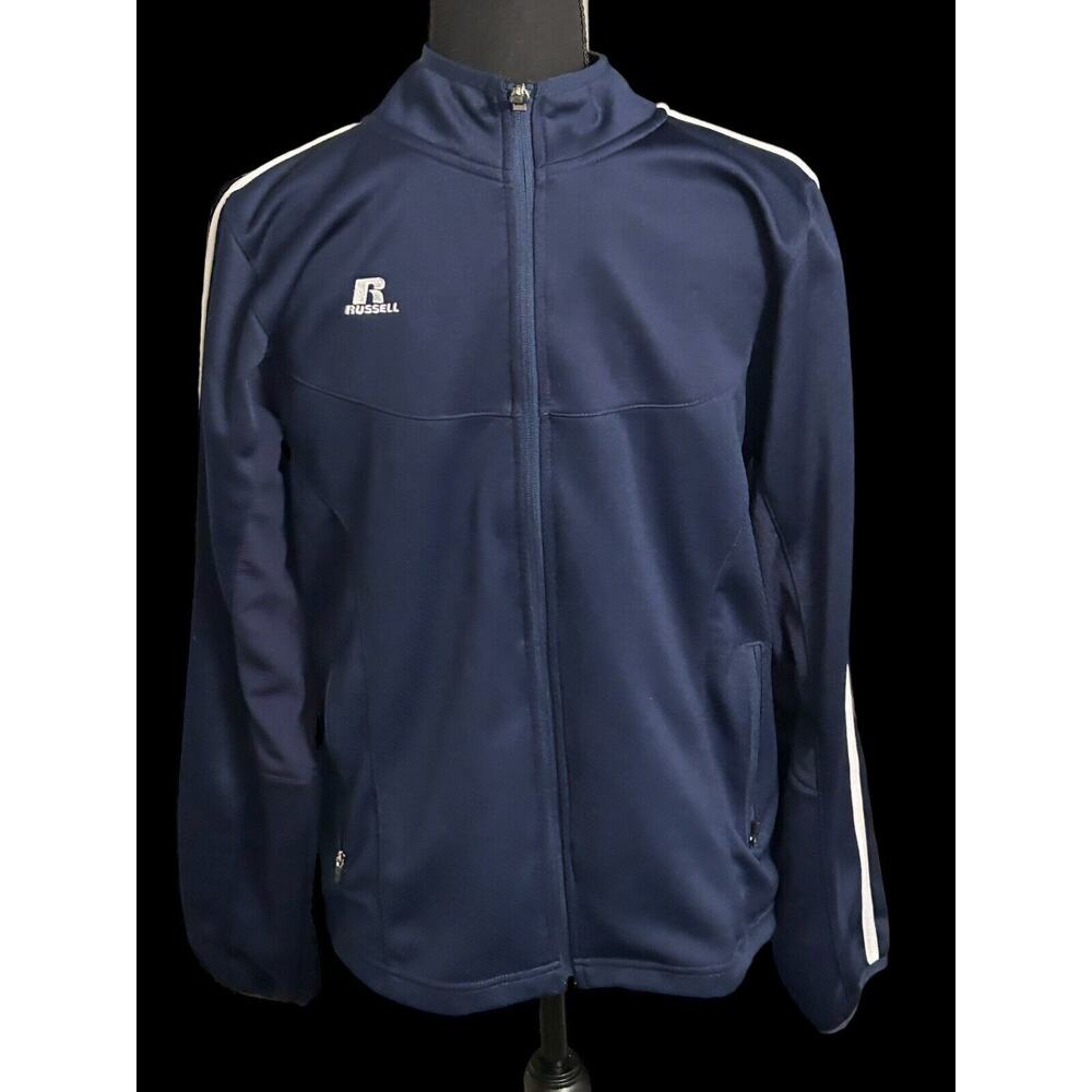 Russell Athletic Youth Sz XL Zip Up Jacket Navy Blue w/ White Stripes On Arm